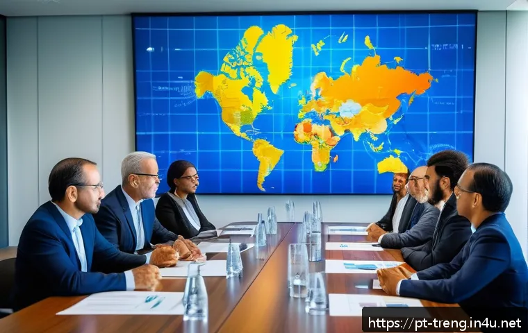 무역영어 자격증과 해외 취업 - A professional business meeting between diverse international trade experts in a modern conference r...