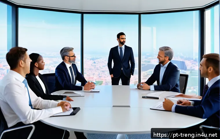 무역영어 학습을 통한 커리어 업그레이드 - A professional international business meeting scene set in a modern corporate office with diverse pr...