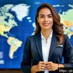 Home 23 무역영어 자격증의 국제적 활용 사례 - A professional Brazilian businesswoman confidently presenting at an international trade conference, ...