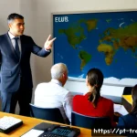 무역영어와 해외 무역 정책 이해 - Photorealistic international trade training scene in a modern Lisbon business school, a Portuguese-s...