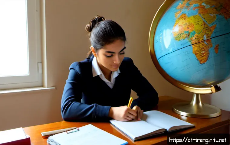 Home 17 무역영어 시험 일정 및 응시 요령 - Photorealistic Portuguese-speaking business student in a bright Lisbon home office, calmly preparing...